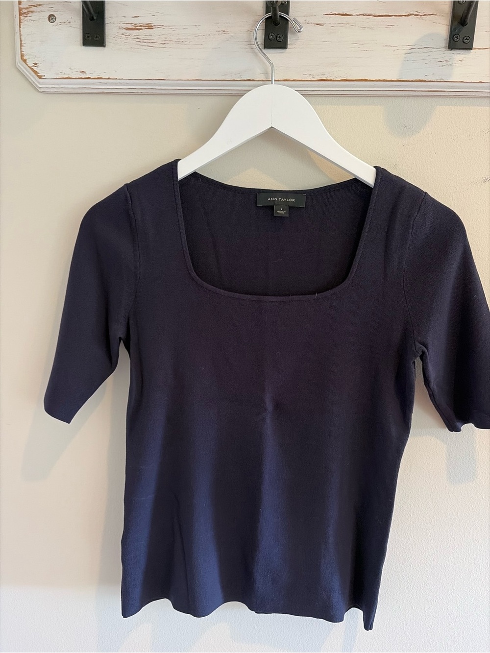 Ann Taylor Navy Short-Sleeve Square Neck Knit Top